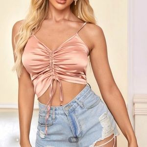 Satin ruched drawstring crop top pink size large